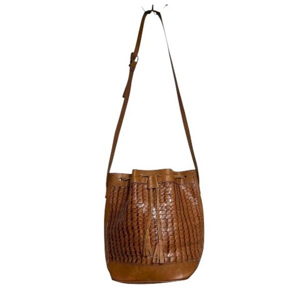 Unisa Vintage Woven Leather Bucket Bag Tan Drawstring Crossbody Made in Brazil - Picture 2 of 9